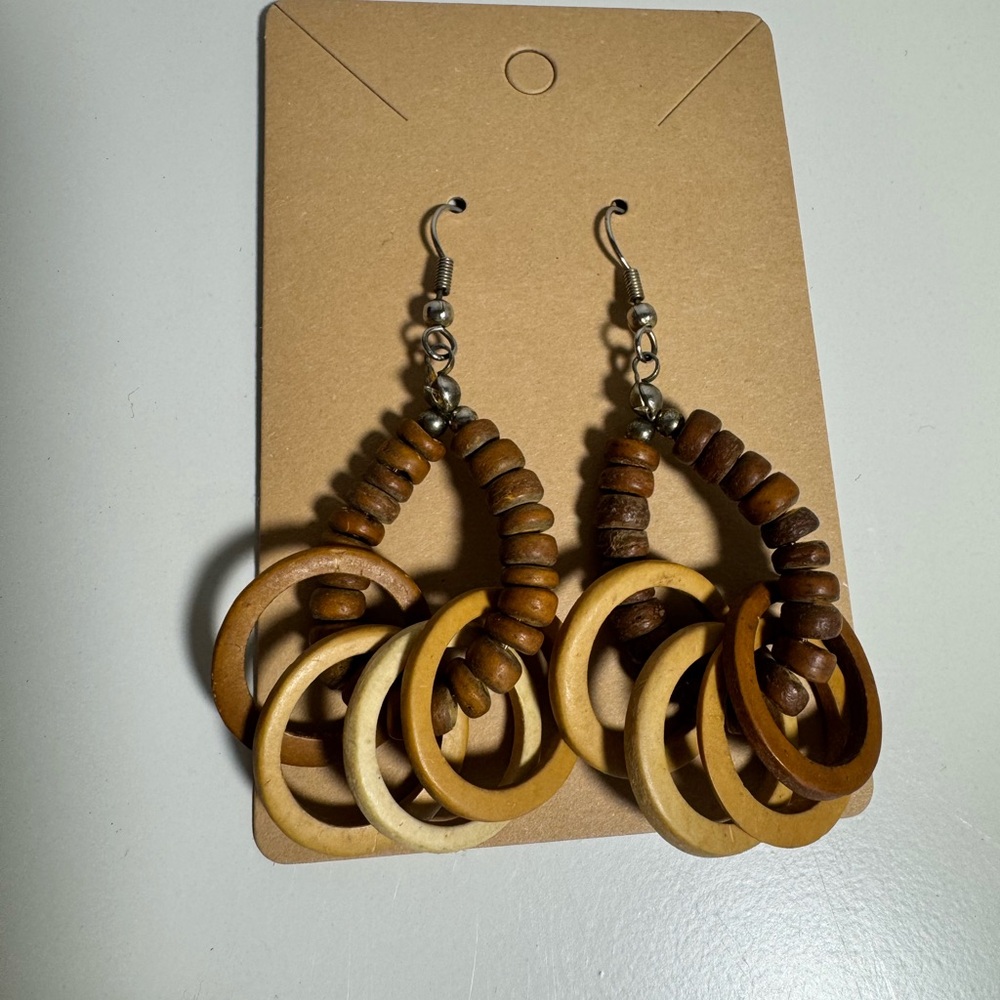 Boho Wooden Bead Hoop Dangle Earrings Natural Multi-Tone Brown Cream Statement
